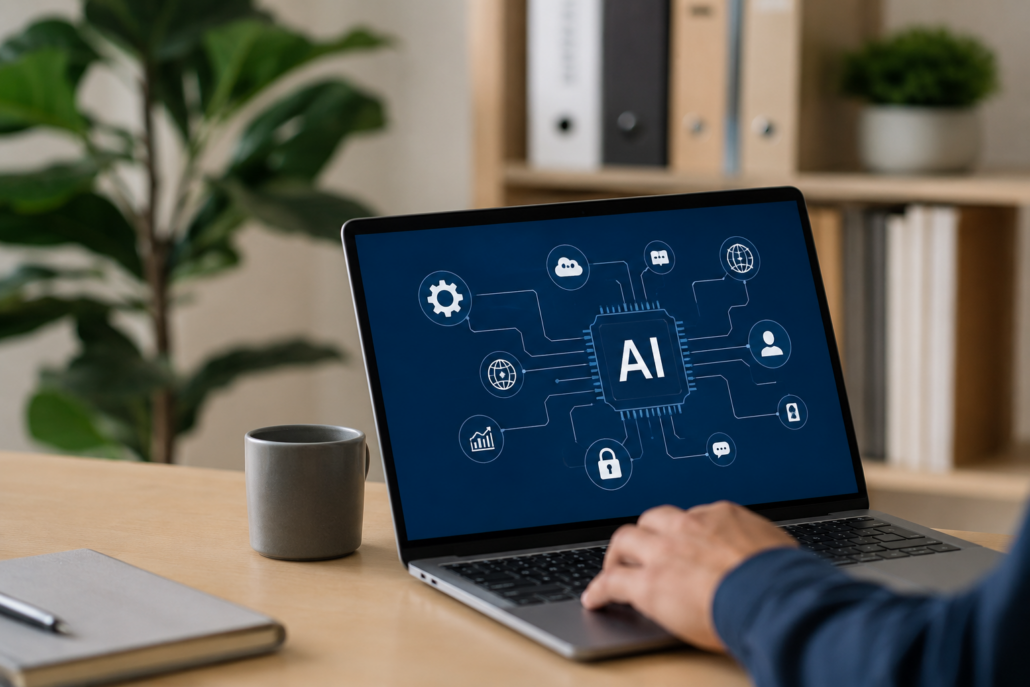 Modern office desk with laptop showing AI workflow icons, representing smarter offshore teams and business productivity.