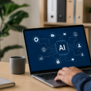 Modern office desk with laptop showing AI workflow icons, representing smarter offshore teams and business productivity.