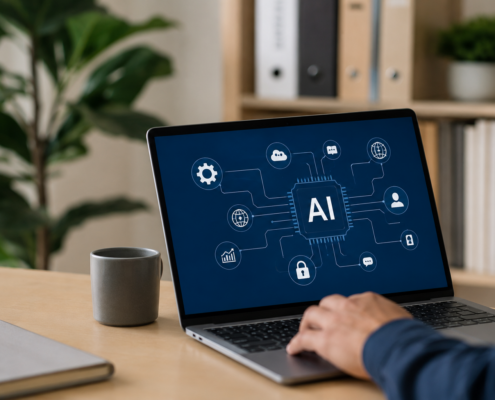 Modern office desk with laptop showing AI workflow icons, representing smarter offshore teams and business productivity.