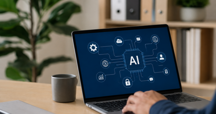 Modern office desk with laptop showing AI workflow icons, representing smarter offshore teams and business productivity.